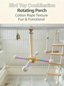 Natural Wood Cross Rotating Cotton Rope Parrot Stand Perch With Macaron Fresh Color Scheme For Cage Climbing Activity Claw Care Daily Use Pet Bird Indoor Home All Season - View 6