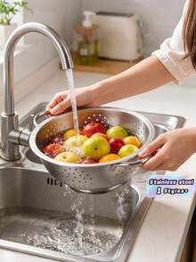 Stainless Steel Rice Washing Sieve With Foot Basin, Double Ear, Rice Washing And Vegetable Draining Bowl, Fruit Basket, Rice Bowl, Fruit Basket 24CM - silver - View 2