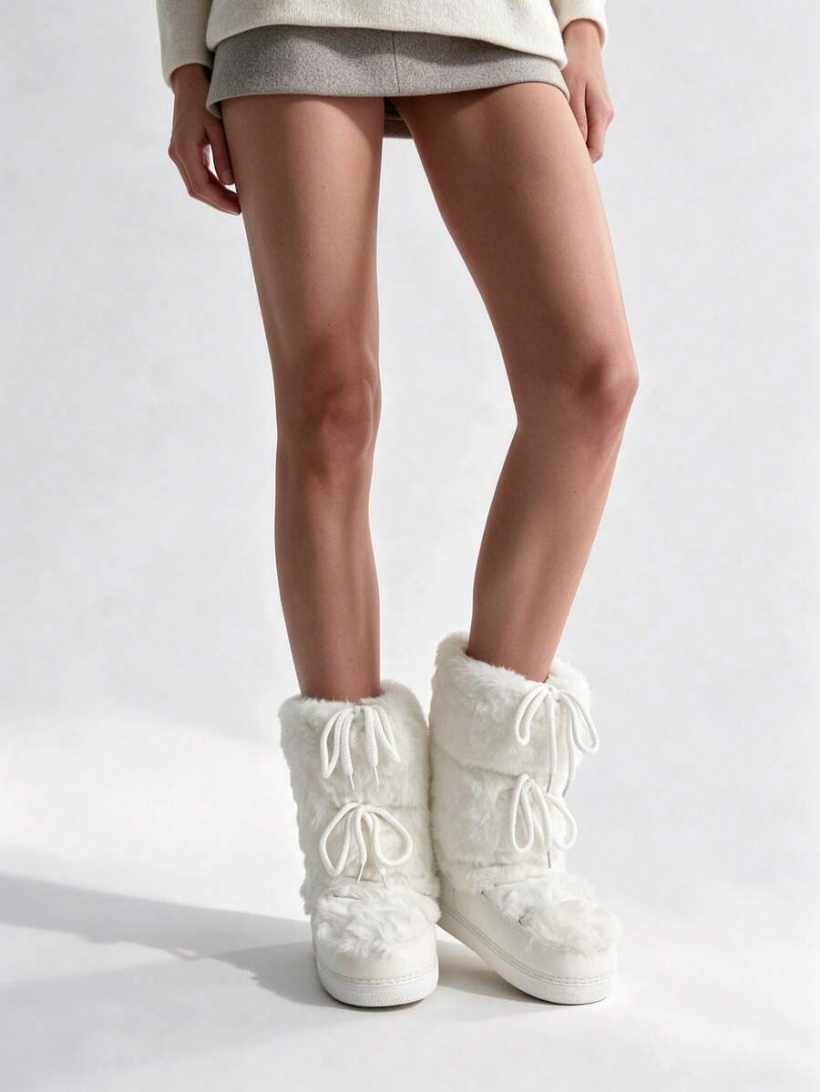 CUCCOO SZL White Full Plush Spliced Medium Tube Snow Boots Women's, Wrapped Drawstring Round Toe Thickened Flat Bottom Versatile Outdoor Boots Fall Shoes