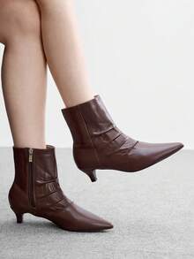 CUCCOO BIZCHIC Sepatu Boot Pendek Cokelat Kopi Lipit dan Bertekstur, Ritsleting Belakang, Mudah Dipakai dan Dilepas, Hak Kucing Runcing, Elegan, untuk Musim Gugur dan Musim Dingin - Coffee Brown - View 1