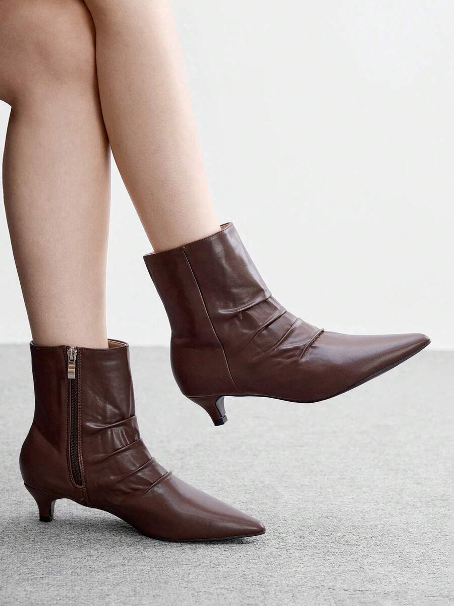 CUCCOO BIZCHIC Pleated And Piled Boots, Rear Zipper, Easy To Wear And Take Off Pointed Cat Heels, Elegant Elegant, Coffee Brown Ankle Boots, Autumn And Winter Co Fall Boots - Coffee Brown - View 1