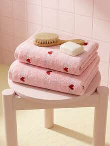 Joivida 1pc Cute Pink Bath Towel / Hand Towel - Soft Absorbent Cotton Red Heart Patterned Towel, Decorative Aesthetic Bathroom Towel - Pink - View 2