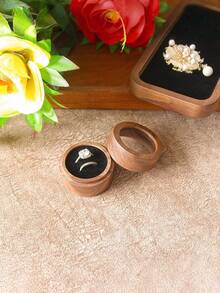 1pc Round Walnut Wood Ring Box Modern Elegant Design Two Ring Holder Proposal Engagement Wedding Jewelry Display Storage Case Magnetic Closure Christmas Stocking Fillers Holiday Gift Ideas Must Haves - Walnut - View 16