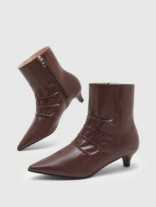 CUCCOO BIZCHIC Sepatu Boot Pendek Cokelat Kopi Lipit dan Bertekstur, Ritsleting Belakang, Mudah Dipakai dan Dilepas, Hak Kucing Runcing, Elegan, untuk Musim Gugur dan Musim Dingin - Coffee Brown - View 4