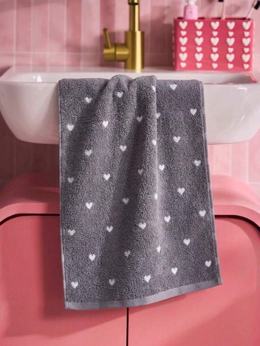 Joivida 1pc Cute Gray Bath Towel / Hand Towel - Soft Absorbent Cotton Heart Patterned Towel, Decorative Aesthetic Bathroom Towel - Dark Grey - View 1