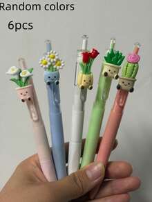 6 Sets Of Creative Plant-Themed Retractable Ballpoint Pens, 0.5mm Flower Quick-Drying Pens, Stylish And Simple Neutral Pens, With Smooth Writing; Suitable For Diaries&Paintings; The Best Choice For Writing&Office Work; Suitable For Students, Schools - Creative Flower Press Pen - View 8