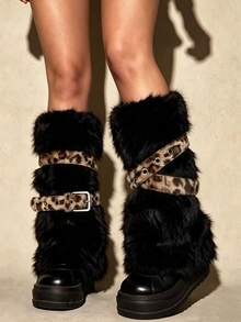 ROMWE Goth 1 Pair Of Fluffy Fashionable Thickened Leg Covers Plus 2 Leopard Print Leather Leg Rings, Belt, Spice Girl Combination Set, Warm Women's Leg Covers. - Black leopard print - View 2