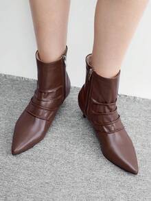 CUCCOO BIZCHIC Sepatu Boot Pendek Cokelat Kopi Lipit dan Bertekstur, Ritsleting Belakang, Mudah Dipakai dan Dilepas, Hak Kucing Runcing, Elegan, untuk Musim Gugur dan Musim Dingin - Coffee Brown - View 8
