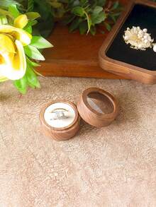 1pc Round Walnut Wood Ring Box Modern Elegant Design Two Ring Holder Proposal Engagement Wedding Jewelry Display Storage Case Magnetic Closure Christmas Stocking Fillers Holiday Gift Ideas Must Haves - Walnut - View 18