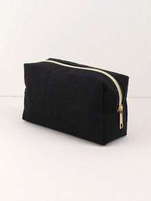 1Pc Large Capacity Corduroy Makeup Bag Portable Zipper Closure Sturdy Cosmetic Pouch Solid Black Soft Textured Storage Organizer For Women Travel Daily Use Toiletry Bag Beauty Accessory Cosmetic Case Handbag Pouch. - black - View 6