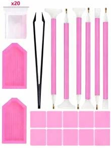 18pcs/20pcs Artificial Diamond Painting Kit, Diy 5d Diamond Painting Accessories Cross Stitch Kit, Including Diamond Point Pen, Tweezers, Glue & Plastic Tray, Suitable For Adult Diy Crafts Christmas For Holiday Gift Giving - pink - View 9