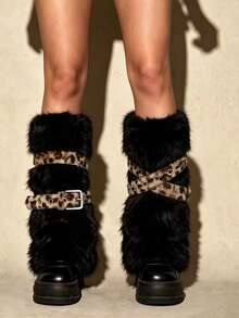 ROMWE Goth 1 Pair Of Fluffy Fashionable Thickened Leg Covers Plus 2 Leopard Print Leather Leg Rings, Belt, Spice Girl Combination Set, Warm Women's Leg Covers. - Black leopard print - View 5