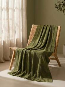 Cirelle 1pc Olive Green Knitted Throw Blanket For Couch - Soft Textured Block Knit Sofa Blanket With Ribbed Border, Lightweight Cozy Farmhouse Decor Throw For Chair, Bed & Living Room - Green - View 1