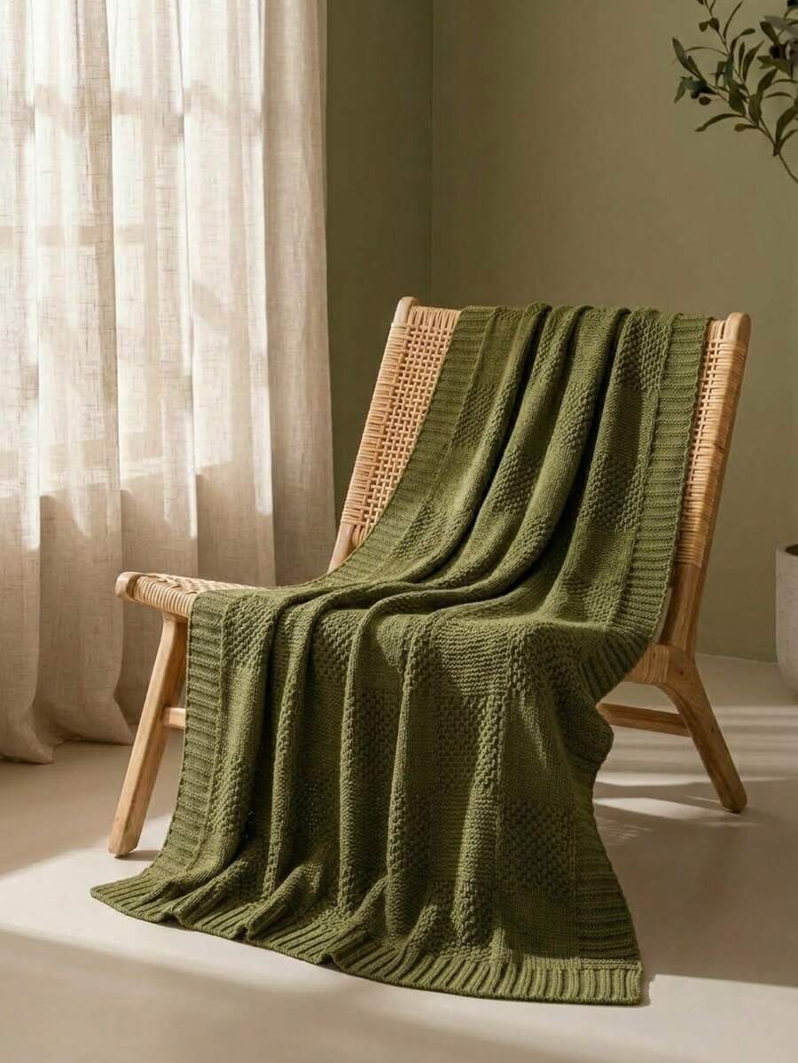 Cirelle 1pc Olive Green Knitted Throw Blanket For Couch - Soft Textured Block Knit Sofa Blanket With Ribbed Border, Lightweight Cozy Farmhouse Decor Throw For Chair, Bed & Living Room - Green - View 1