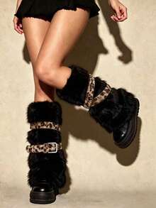 ROMWE Goth 1 Pair Of Fluffy Fashionable Thickened Leg Covers Plus 2 Leopard Print Leather Leg Rings, Belt, Spice Girl Combination Set, Warm Women's Leg Covers. - Black leopard print - View 4
