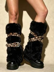 ROMWE Goth 1 Pair Of Fluffy Fashionable Thickened Leg Covers Plus 2 Leopard Print Leather Leg Rings, Belt, Spice Girl Combination Set, Warm Women's Leg Covers. - Black leopard print - View 3