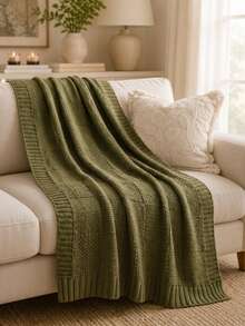 Cirelle 1pc Olive Green Knitted Throw Blanket For Couch - Soft Textured Block Knit Sofa Blanket With Ribbed Border, Lightweight Cozy Farmhouse Decor Throw For Chair, Bed & Living Room - Green - View 3