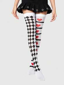 ROMWE Goth 1 Pair Women's Heart Pattern Plaid Over-The-Knee Long Socks - Multicolor - View 8
