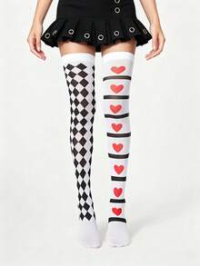 ROMWE Goth 1 Pair Women's Heart Pattern Plaid Over-The-Knee Long Socks - Multicolor - View 4