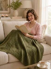 Cirelle 1pc Olive Green Knitted Throw Blanket For Couch - Soft Textured Block Knit Sofa Blanket With Ribbed Border, Lightweight Cozy Farmhouse Decor Throw For Chair, Bed & Living Room - Green - View 2