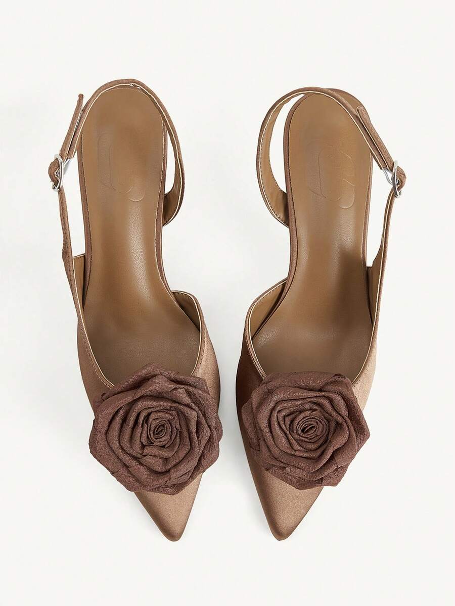 CUCCOO CHICEST Brown Satin Three-Dimensional Rose Back Stilettos, Women's Pointed Toes, Slingbacks - Brown - View 1