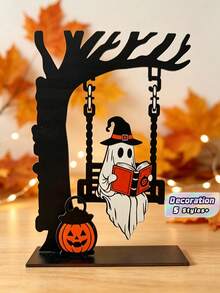 Wooden Halloween Ghost Themed Desktop Ornament, Swing & Book Corner Shelf Decor, Festive Atmosphere Tabletop Display For Home Decoration - View 1