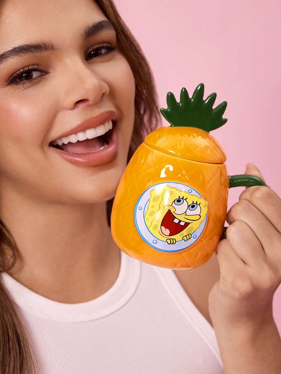 SpongeBob SquarePants | SHEIN 1個 12.68oz/375ml 鳳梨造型陶瓷馬克杯,耐冷耐熱,適用微波爐與洗碗機,適合盛裝水、牛奶、果汁、咖啡、海綿 - 黃橙 - 查看 1