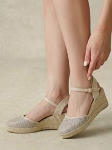Styleloop Women's Shoes Slope Heel Thick Sole Round Toe Rhinestone Spring And Summer Beach Vacation Style Shoes Fall Shoes - Apricot - View 7
