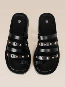 HighSole Metal Rivets Thick Bottom Open Toe Personalized Slippers Outdoor Travel Beach Wear - Black - View 3