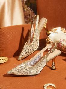 CUCCOO TILAWA Gold Matte Mesh Sparkling Elegant Sexy Pointed Women's High Heels - Rear Buckle Strap Exquisite And Stylish Design, Using Design Stiletto Women - Gold - View 1