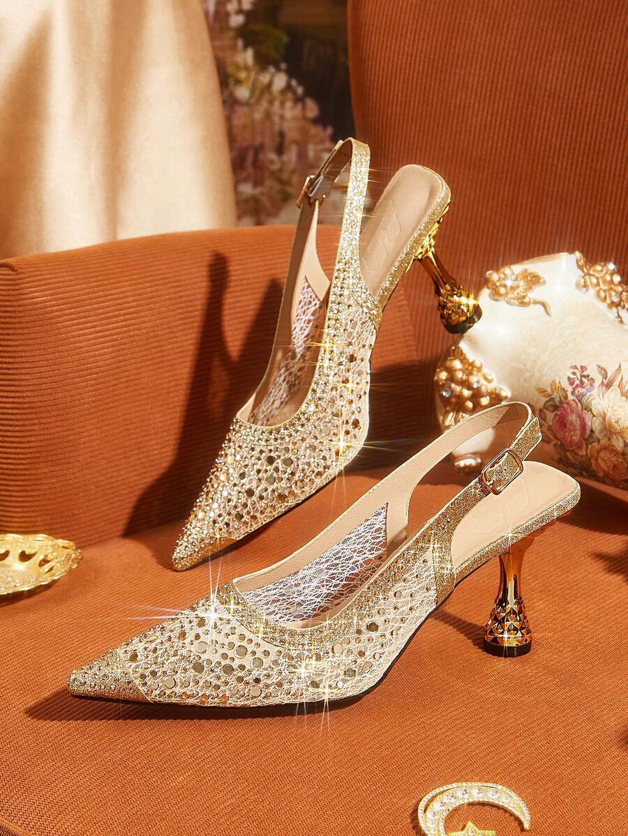CUCCOO TILAWA Gold Matte Mesh Sparkling Elegant Sexy Pointed Women's High Heels - Rear Buckle Strap Exquisite And Stylish Design, Using Design Stiletto Women - Gold - View 1
