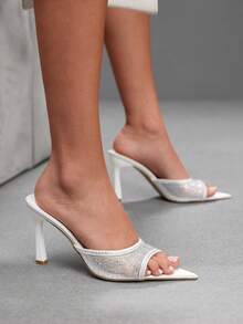 CUCCOO SZL Women's Pointed Toe High Heel Shoes, Rhinestone Decor Mesh Material, Fashion Comfortable For Daily, Party, Banquet, Slip-On Backless Sandals - Sardine, white - View 4