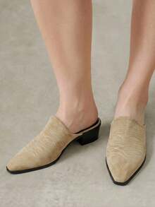 Styleloop Women Shoes Snake Stitching Pointed Western Style Mule Shoes, Retro Embroidered Thick Heel Mules Shoes - Western wind embroidery thread khaki - View 4