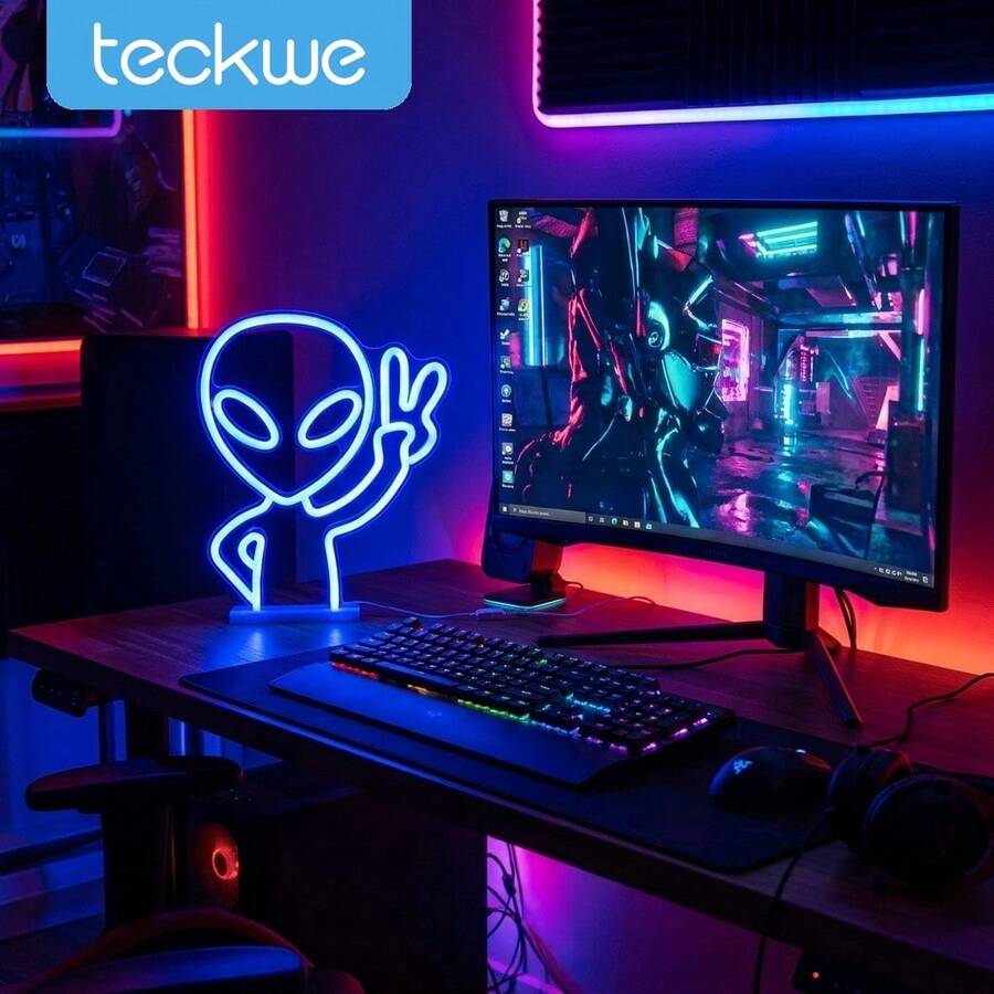 Teckwe Alien Neon Sign Lights - Blue LED Alien Head Decorative Light, USB Or Battery Operated, Desktop & Wall Hanging Neon Lamp For Game Room, Bedroom, Man Cave, Bar, Halloween, Party & Gift