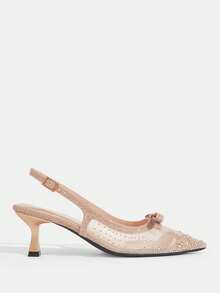 CUCCOO TILAWA Champagne Mesh Full Diamond Bow Back Empty Stiletto Sandals - Gold - View 6