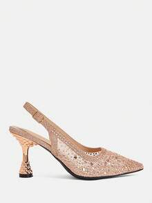 CUCCOO TILAWA Champagne Matte Mesh Sparkling Elegant Sexy Pointed Women's High Heels - Back Buckle Strap Exquisite And Stylish Design, Using Design Stiletto Women Fall Shoes - Champagne - View 3