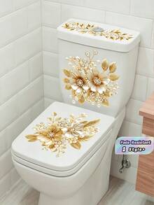 1 Set Gold Floral Toilet Stickers With Pearl & Rhinestone, Self-Adhesive Vinyl Decals, Elegant Flower Design For Toilet Tank, Lid & Body, Bathroom Decor, Easy To Apply - Gold - View 1
