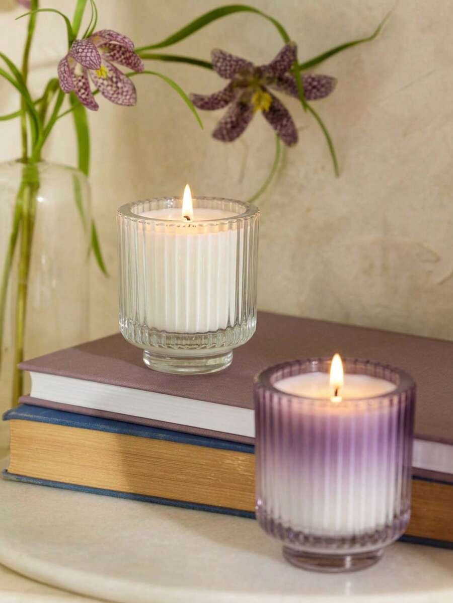 Cirelle 1pc Scented Soy Candle In Ribbed Glass Jar, Long-Lasting Aromatherapy Candle, Aesthetic Fluted Glass Candle Cup For Stress Relief, Bath, Spa & Home Relaxation Decor - multicolor - View 1