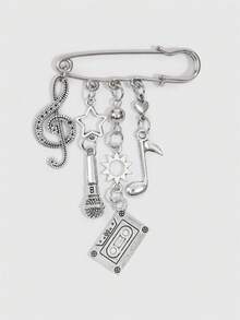 ROMWE Y2K Rock Music Style Silver Retro Fringed Brooch, Clothes Bag Accessories, Tape Microphone Notes Stars Sun Pendant, - Silver - View 1