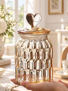1pc Glass Sealed Jar, Creative Heart Shaped Storage Jar, Amber Color Snack/Candy Jar With Lid, Suitable For Home Use - Champagne - View 5