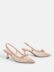 CUCCOO TILAWA Champagne Mesh Full Diamond Bow Back Empty Stiletto Sandals - Gold - View 10