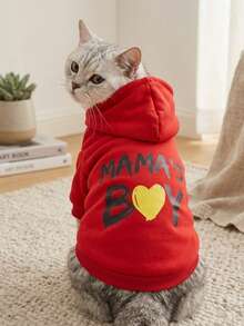 PETSIN 1pc MAMA's BOY Yellow Color Love Letter Pattern Printed Pet Hoodie, Red Soft And Comfortable Warm Pet Clothing - Multicolor - View 4