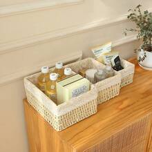 Haus Hana Boho Rattan Desk Storage Basket Set Of 3, Handwoven Wabi-Sabi Organizer With Floral Fabric Lining, Oriental Zen Style Cotton Rope Basket For Desktop, Vanity, Shelf, Small Sundries Storage - View 4