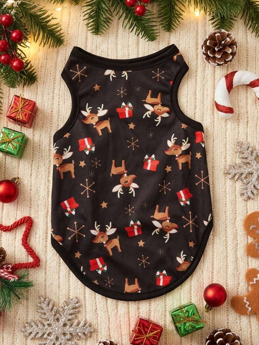 PETSIN 1pc Pet Christmas Reindeer Pattern Lightweight Breathable Vest - Multicolor - View 1