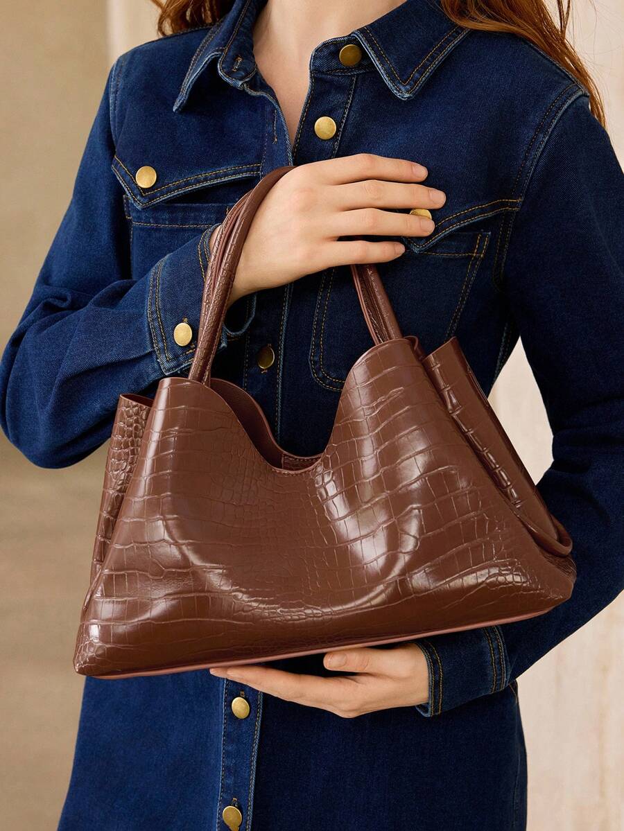MOTF LADIES FASHION BROWN TOTE BAG, CLASSIC VINTAGE CROCODILE HANDBAG FOR DAILY, COMMUTING, SHOPPING, DATING - Brown - View 1