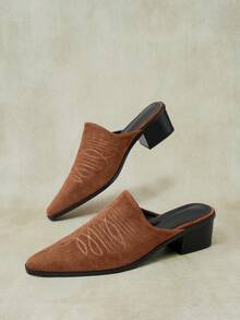 Styleloop Pointed Toe Western Mules Shoes, Retro Embroidered Thick Heel Mules Shoes - Western wind embroidery thread brown - View 7