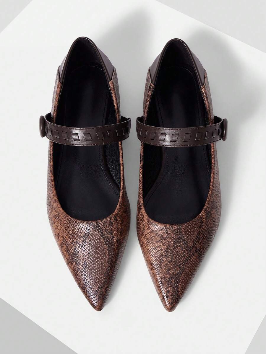 Mnmlis Commuter Pointed Shoes Fashionable Snakeskin Splicing Soft Leather Buckle Low Vamp Flat-Soled Shoes Fall Shoes - Brown (snake pattern) - View 1