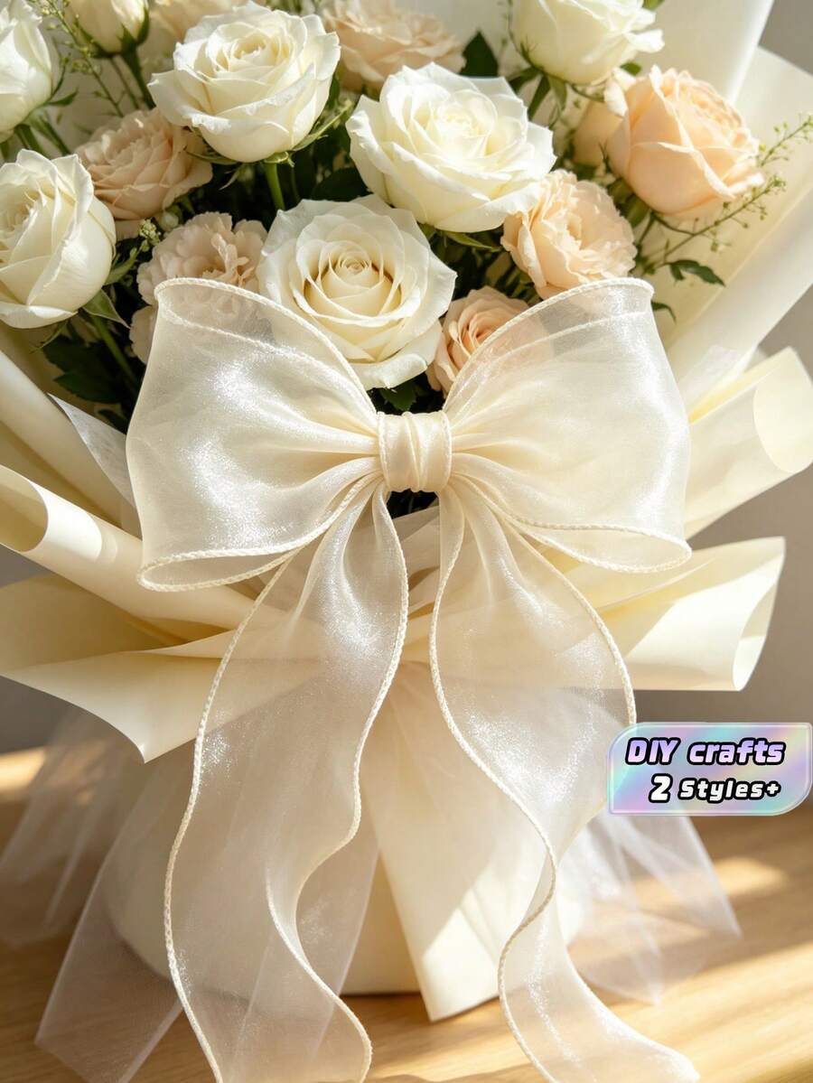 Beige Chiffon Tulle Ribbon For Gift Wrapping, Wedding Bouquets, DIY Crafts, Home Decor, Party Supplies & Elegant Packaging - Beige - View 1