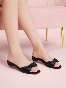 CUCCOO DOLLMOD Black Ribbon Bow Low Heel Shoes - Square Toe Slippers For Parties, Weddings Or Bridal Dress-Up Occasions - Black - View 5
