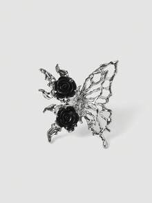 MortiRose Cincin Kupu-kupu Mawar Hitam Gaya Gothic Wanita, Perhiasan Pernyataan Sayap Berlubang Perak, Aksesori Halloween - Hitam dan Putih - View 1